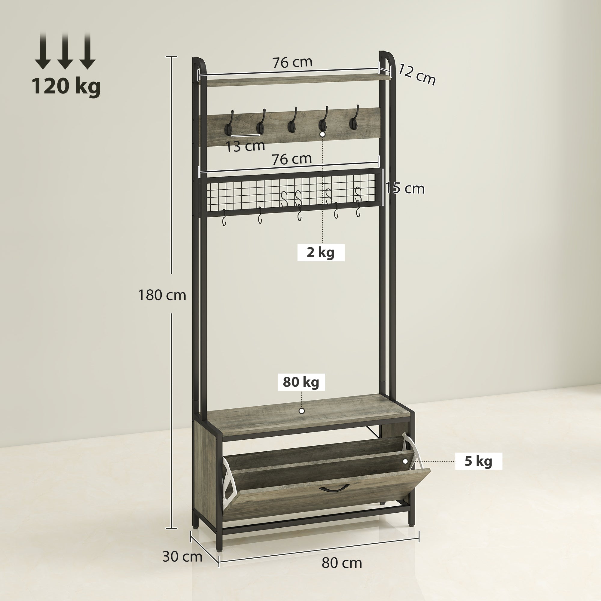 HOMCOM 5-In-1 Industrial-Style Hallway Tree - Grey/Black